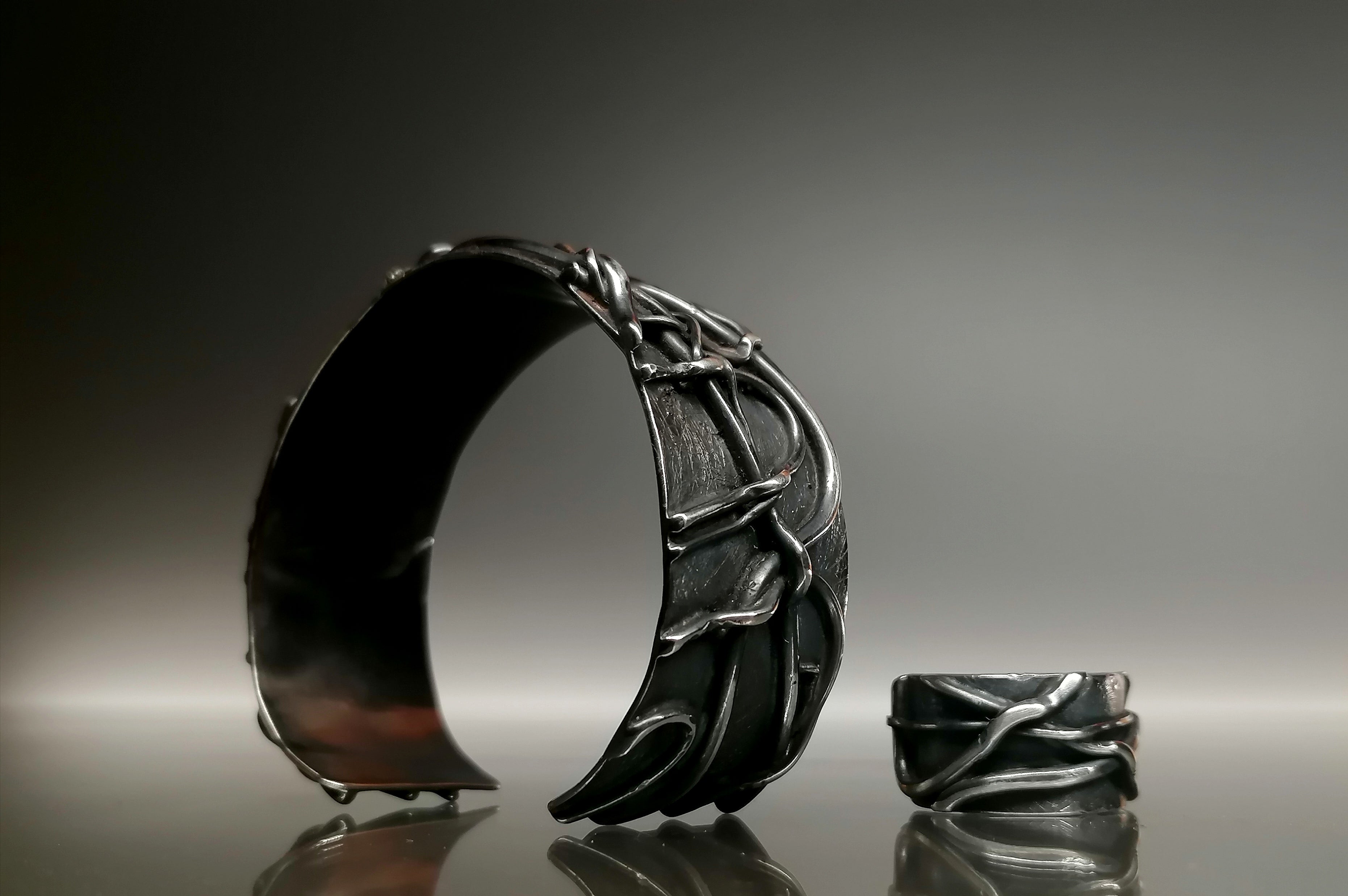 Komplet srebro / bransoleta pierścionek " KORZENIE"